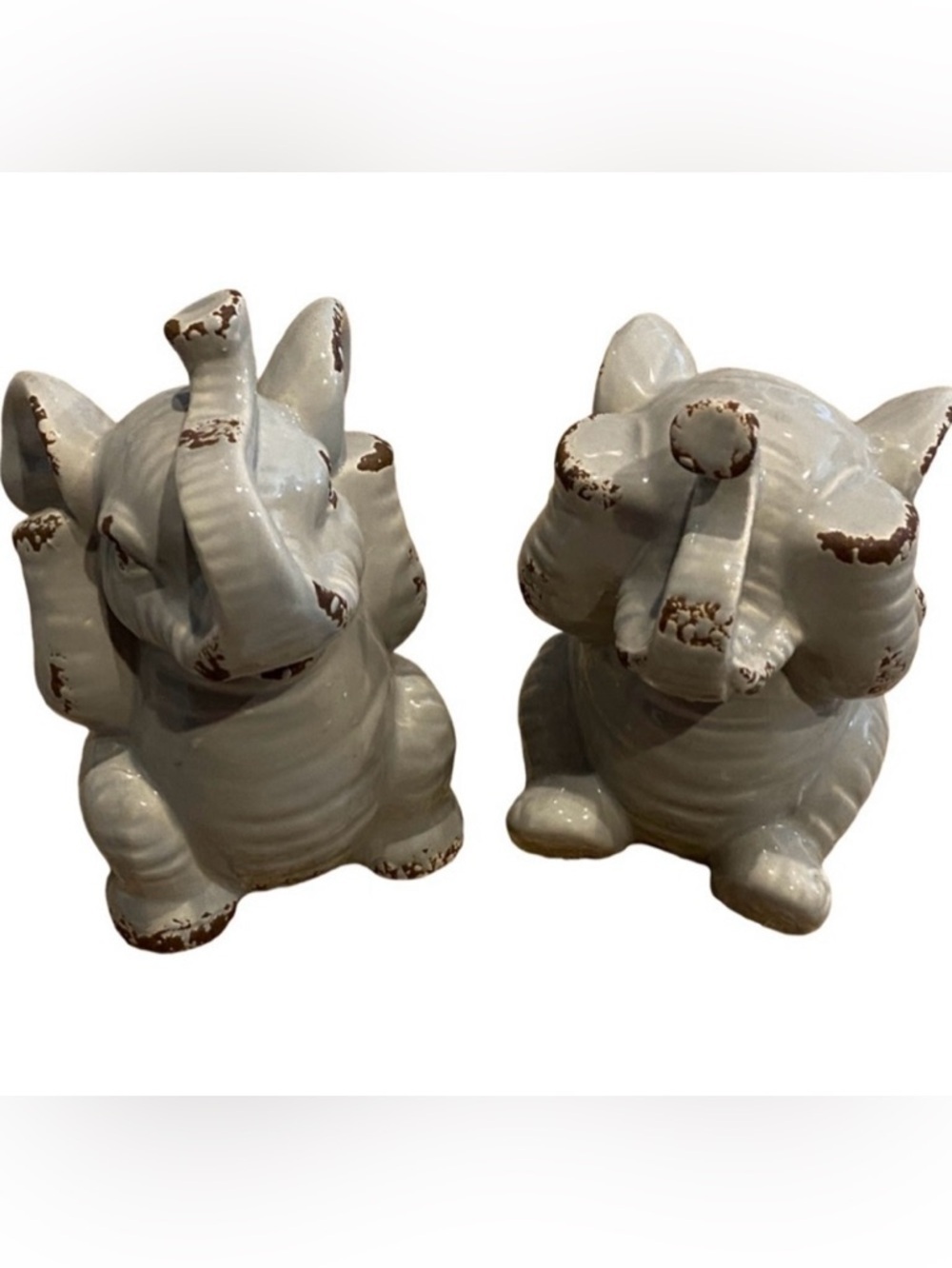 Gray Elephant Figurines with Brown Patina. Set of 2.